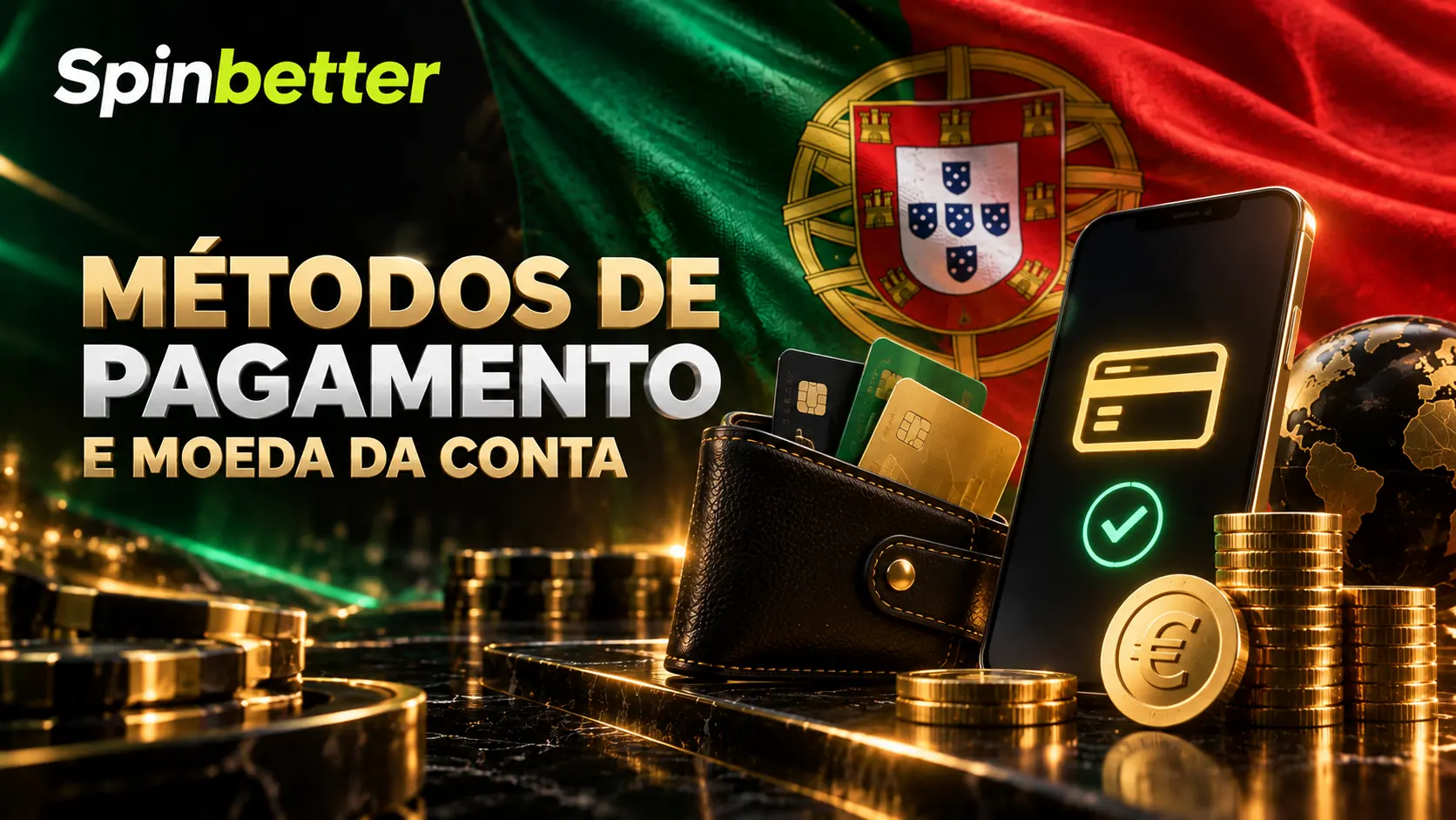 Carteira, cartões e moeda de euro sobre fundo escuro